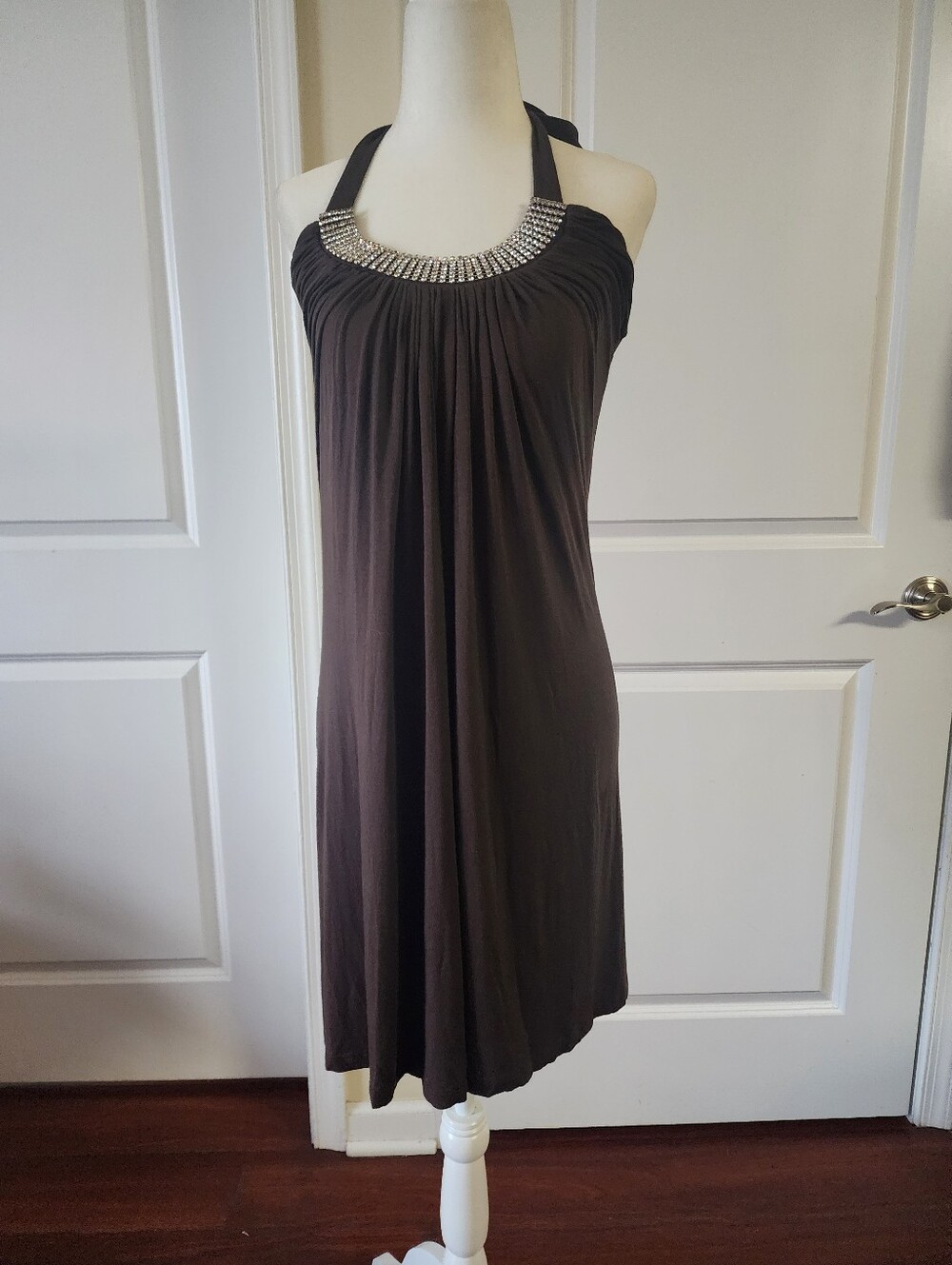 Embellished Halter Mini Dress in Brown